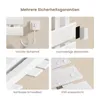 A collage of four images showcasing features of a white electric towel warmer. Produktbild-Vorschau