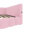 A close-up side view of a pink upholstered bed frame with a slatted base. Náhled obrázku produktu