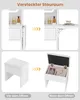 A collage showing a vanity table with hidden storage and a storage stool before and after opening. Voir les images du produit