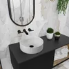 A modern bathroom vanity with a white vessel sink and black fixtures. Podgląd zdjęcia produktu