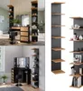 A collage of images showing a modern vanity set with shelves and a stool, and a separate tall shelving unit. Podgląd zdjęcia produktu