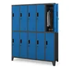 A double-tiered blue metal locker unit with one door open, showing clothes and shoes inside. Produktbild-Vorschau