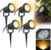 Four black LED garden lights with stakes, shown on a white background and in a garden setting. Close-up views and a beam angle diagram are also included. Náhled obrázku produktu