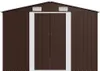 A front view of a brown metal shed with white trim and a white roof. Náhľad obrázku produktu