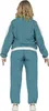 A person wearing a teal tracksuit with white stripes on the sleeves and sides. Produktbild-Vorschau