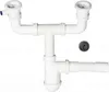 A white plastic double sink trap with a metal strainer and a flexible drain pipe. Produktbild-Vorschau