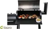 A black smoker-grill with food cooking on the grates. Produktbild-Vorschau