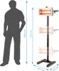 A silhouette of a person is shown next to an infrared heater on a stand, with dimensions indicated. Anteprima dell’immagine prodotto