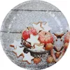 A festive plate with apples, star-shaped cookies, and walnuts, dusted with powdered sugar, set against a rustic wooden background. Produktbild-Vorschau