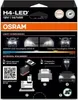 The image shows the packaging of an OSRAM H4-LED headlight bulb, featuring a light comparison diagram and instructions for checking approval documents. Produktbild-Vorschau
