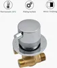 A close-up studio shot of a thermostatic mixer valve with icons and text describing its features. Produktbild-Vorschau