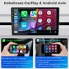 A collage showing a car infotainment system screen and two mobile phones being held to demonstrate connectivity. Voir les images du produit