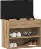 A shoe bench with its lid open, revealing storage space and shelves with shoes. Voir les images du produit