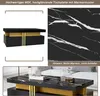 A collage showing a black and gold coffee table with a marble pattern, a close-up of the marble pattern, and the coffee table in a living room setting. Anteprima dell’immagine prodotto