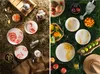 A split image showing two distinct table settings with decorative plates and fruits, one on a hay background and the other on a leafy background. Podgląd zdjęcia produktu