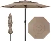 A tan patio umbrella is shown in three views: fully open, closed and folded, and a top-down view of the open umbrella. Podgląd zdjęcia produktu