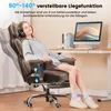 A woman is sitting in a brown gaming chair with headphones on, relaxing. The chair is in a home office setting with a computer and desk visible. Podgląd zdjęcia produktu
