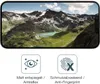 A smartphone screen displaying a mountain landscape, with two icons below representing product features. Produktbild-Vorschau
