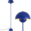 A blue floor lamp with a dome-shaped shade is shown against a white background. A close-up view of the lamp's shade is also provided. Produktbild-Vorschau