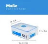 A clear plastic food storage container with dimensions indicated by text and lines. Produktbild-Vorschau
