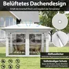 A white gazebo set up on a grassy lawn with furniture inside, illustrating its features. Náhled obrázku produktu