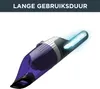 A close-up, angled shot of a purple and black handheld vacuum cleaner against a white background, with a glowing blue light emanating from the nozzle. Produktbild-Vorschau