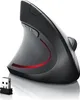 A black vertical ergonomic mouse with a red LED accent light and a small USB receiver are shown on a white reflective surface. Produktbild-Vorschau