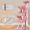 A pink cat tree is shown next to instructional diagrams about securing it to a wall for stability. Produktbild-Vorschau