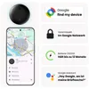 A collage showing a black tracking device, a smartphone displaying a map with the device's location, and feature callouts. Produktbild-Vorschau