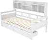 A white wooden daybed with drawers and a bookshelf headboard, shown from a diagonal angle against a white background. Voir les images du produit