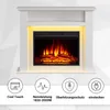 A white electric fireplace with a realistic flame effect, shown with feature icons and text below. Produktbild-Vorschau