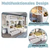 A collage of images showcasing a white bunk bed with a desk and storage drawers, highlighting its features. Náhled obrázku produktu