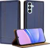 A blue flip case for a smartphone is displayed, with the phone inside and open. Produktbild-Vorschau