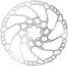 A silver bicycle brake disc rotor with cutouts and text markings. Produktbild-Vorschau