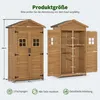 A diagram showing the dimensions of a wooden garden shed, with one view of the closed shed and another of the open shed. Produktbild-Vorschau