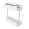 A white two-tier storage rack with dimensions indicated by measurement lines and text. Voir les images du produit