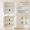 A white cabinet with its doors open, showing adjustable shelves and drawers. Text overlays highlight features like adjustable shelves and storage options. Produktbild-Vorschau