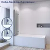 A modern bathroom with a bathtub and a glass shower enclosure, featuring close-up diagrams of the lifting mechanism. Produktbild-Vorschau