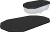 A black oval pool cover is shown from two angles: one on top of an oval pool and another laid flat. Produktbild-Vorschau