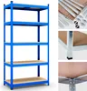 A blue metal shelving unit with wooden shelves, shown from the front, with close-up detail shots of its construction on the right. Produktbild-Vorschau