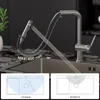 A kitchen faucet with a pull-out spray head shown in use, demonstrating its reach, with comparison diagrams below. Produktbild-Vorschau