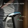 A person sitting on an ergonomic stool, with feature callouts. Produktbild-Vorschau