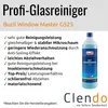 A bottle of Buzil Window Master G525 glass cleaner is shown next to a list of its features and benefits. Produktbild-Vorschau
