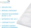 A list of product features with checkmarks and a logo at the top left, with a partial view of a white textured product on the right. Produktbild-Vorschau