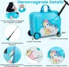 A collage of images showcasing the features of a blue unicorn-themed children's suitcase and backpack. Produktbild-Vorschau