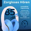 Close-up of blue and white headphones with text overlay highlighting features. Produktbild-Vorschau