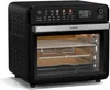 A black Klarstein AirGlaze Digital Air Fryer oven is shown from the front, with its door open to reveal the interior racks and a baking tray. Produktbild-Vorschau