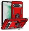 A red phone case with a ring stand is displayed from multiple angles, with a phone partially visible. Produktbild-Vorschau