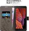 A wallet-style phone case with a Samsung Galaxy XCover 5 phone inside, showing card slots and a banknote. Náhľad obrázku produktu