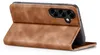 A brown leather flip case for a smartphone is shown from a side-angle, with the phone partially visible inside. Produktbild-Vorschau